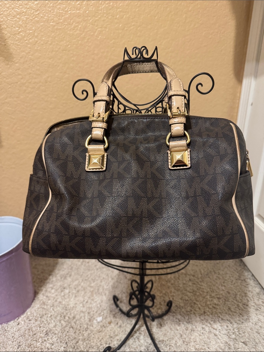 Michael Kors Dark Brown Logo Satchel with Beige Trim